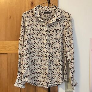 100% Silk Strawberry pattern Button-Down Shirt - Cream with Red and Blue